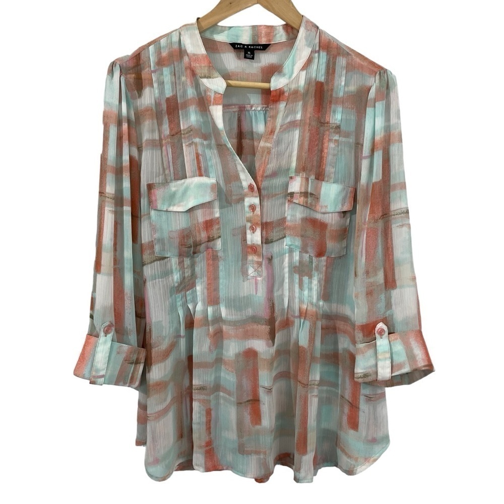 Zac & Rachel Sheer Pastel Popover Blouse Womens XL Pink Blue Cuffed Sleeve Top